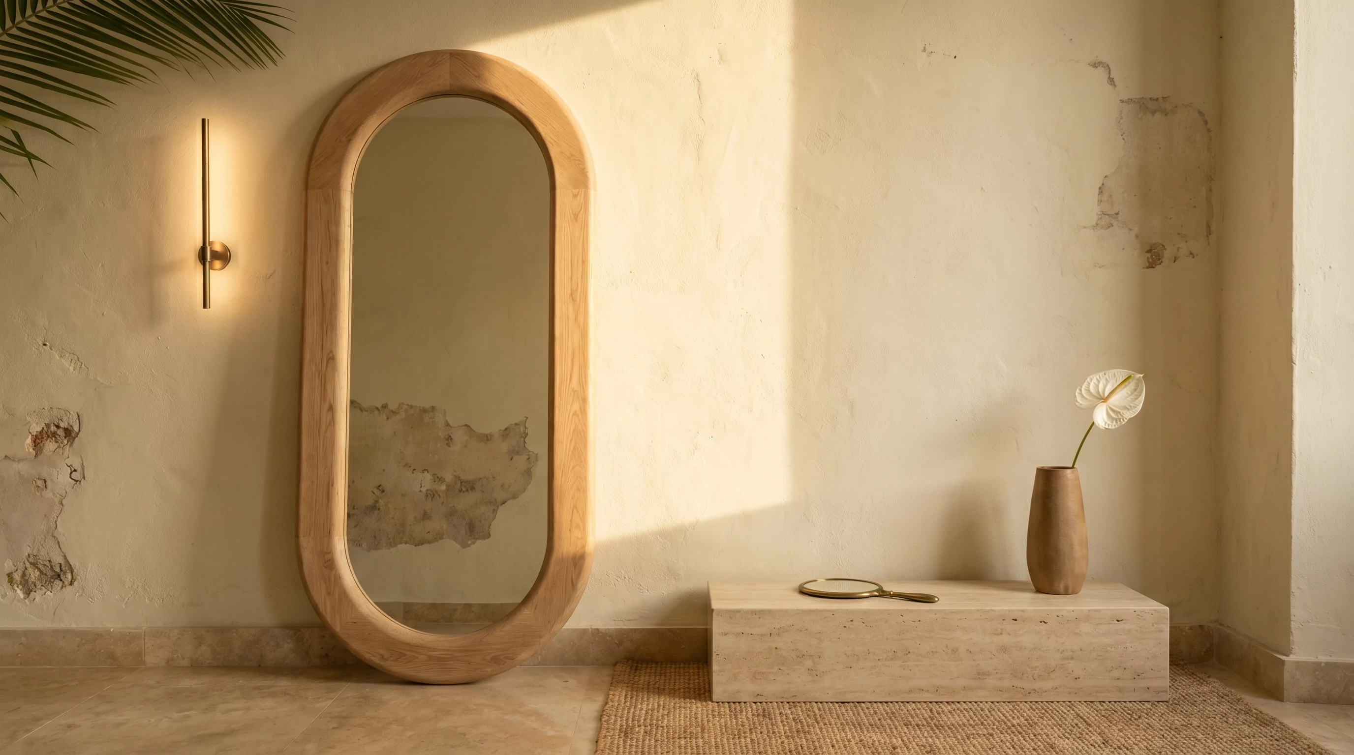 AZOGUE statement mirror display vignette with oak-framed oval mirror and travertine plinth