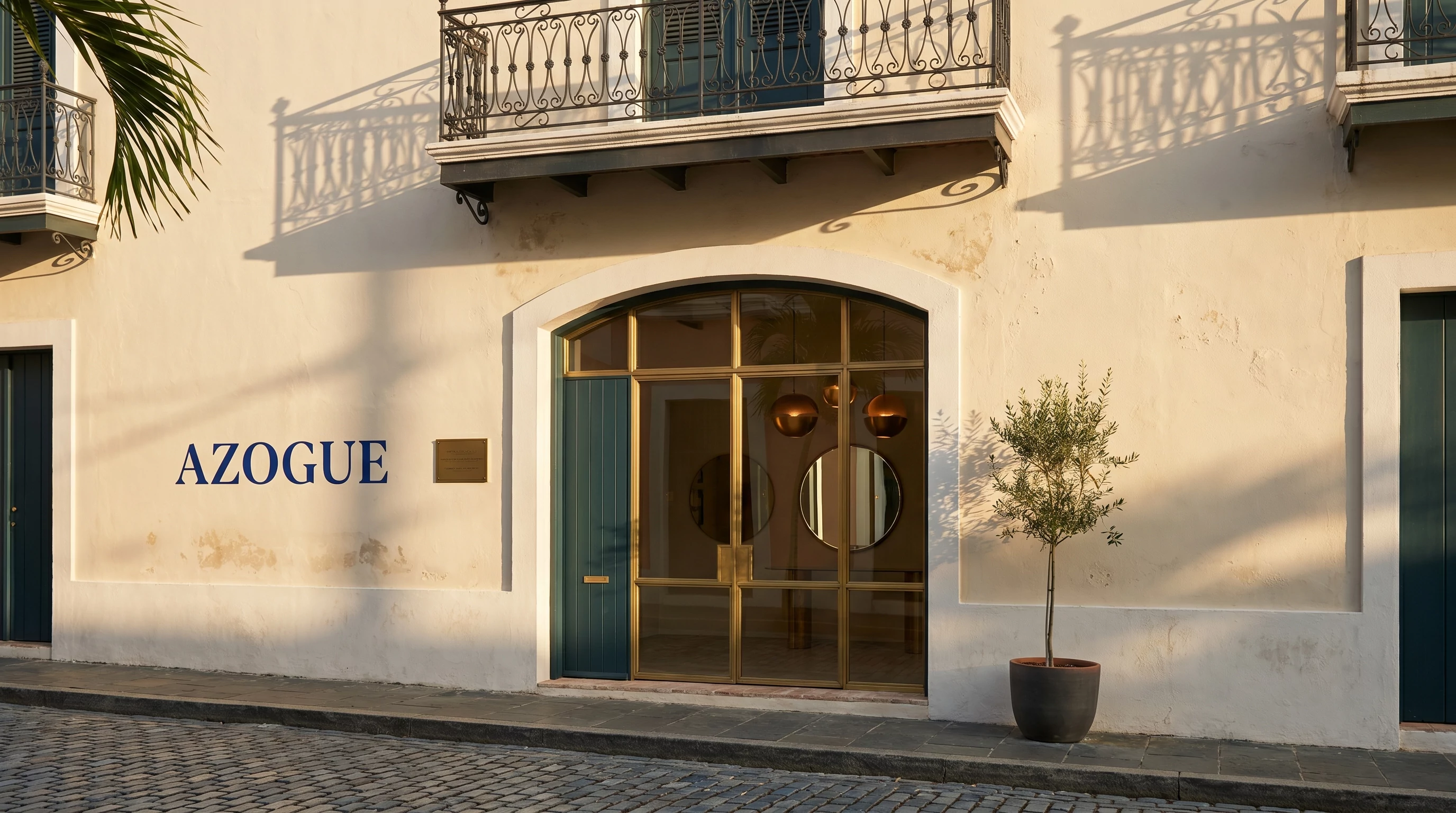 AZOGUE mirror atelier facade and brass shopfront at golden hour in Old San Juan