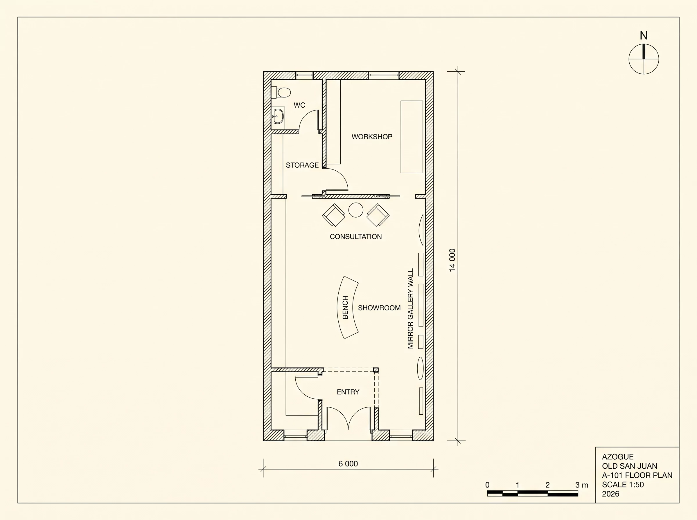 AZOGUE A-101 floor plan, 6 by 14 meters, showroom, workshop, consultation and WC