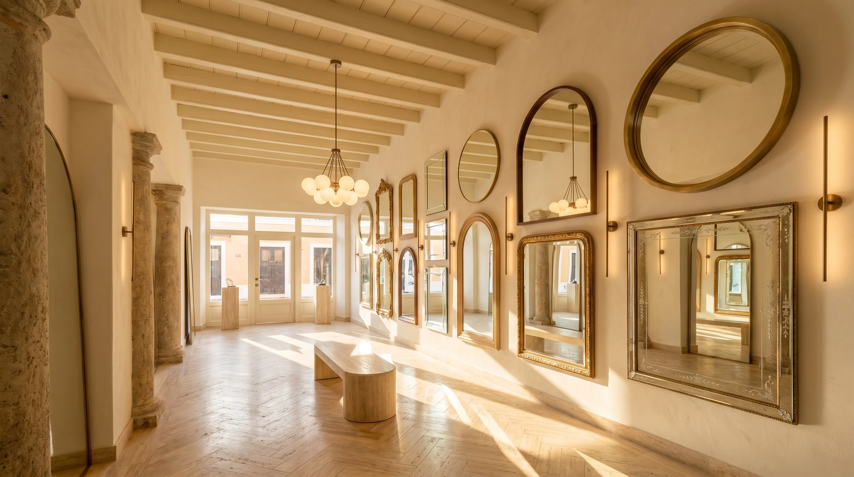 AZOGUE interior showroom with salon-style mirror gallery wall and bronze chandelier
