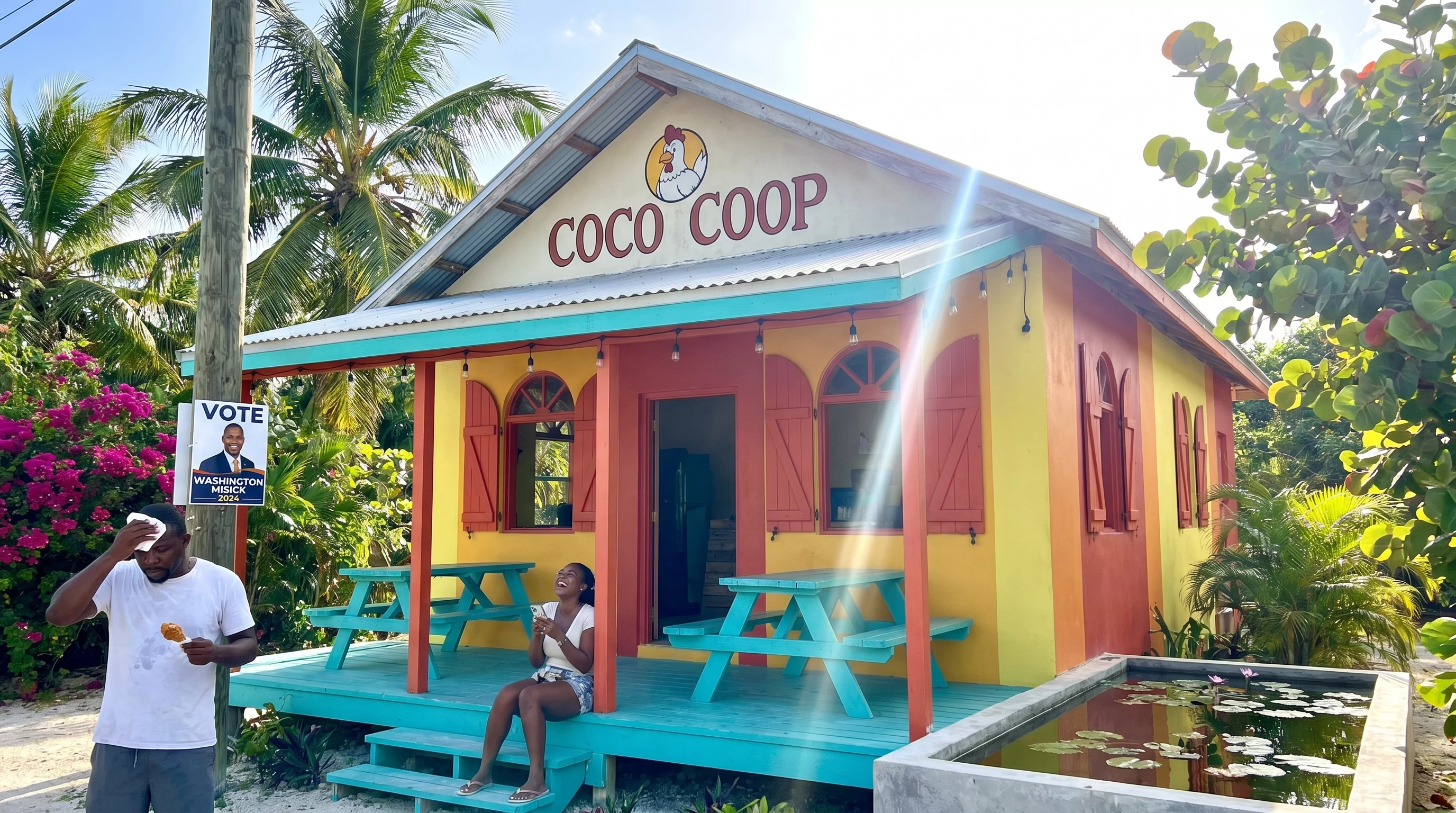 COCO COOP chicken shack exterior in Providenciales, candid iPhone photograph with sun glare and locals on the porch