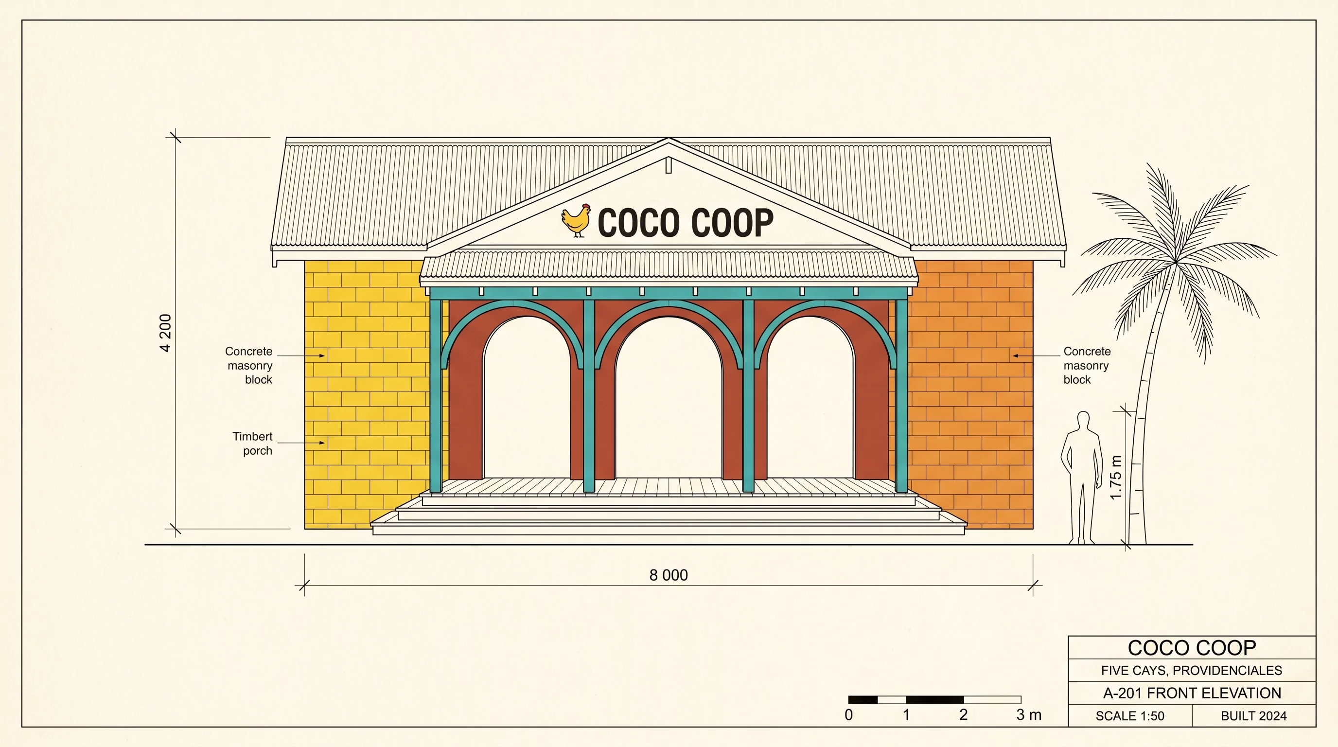 COCO COOP front elevation drawing showing yellow red and orange wall bands and arched porch openings