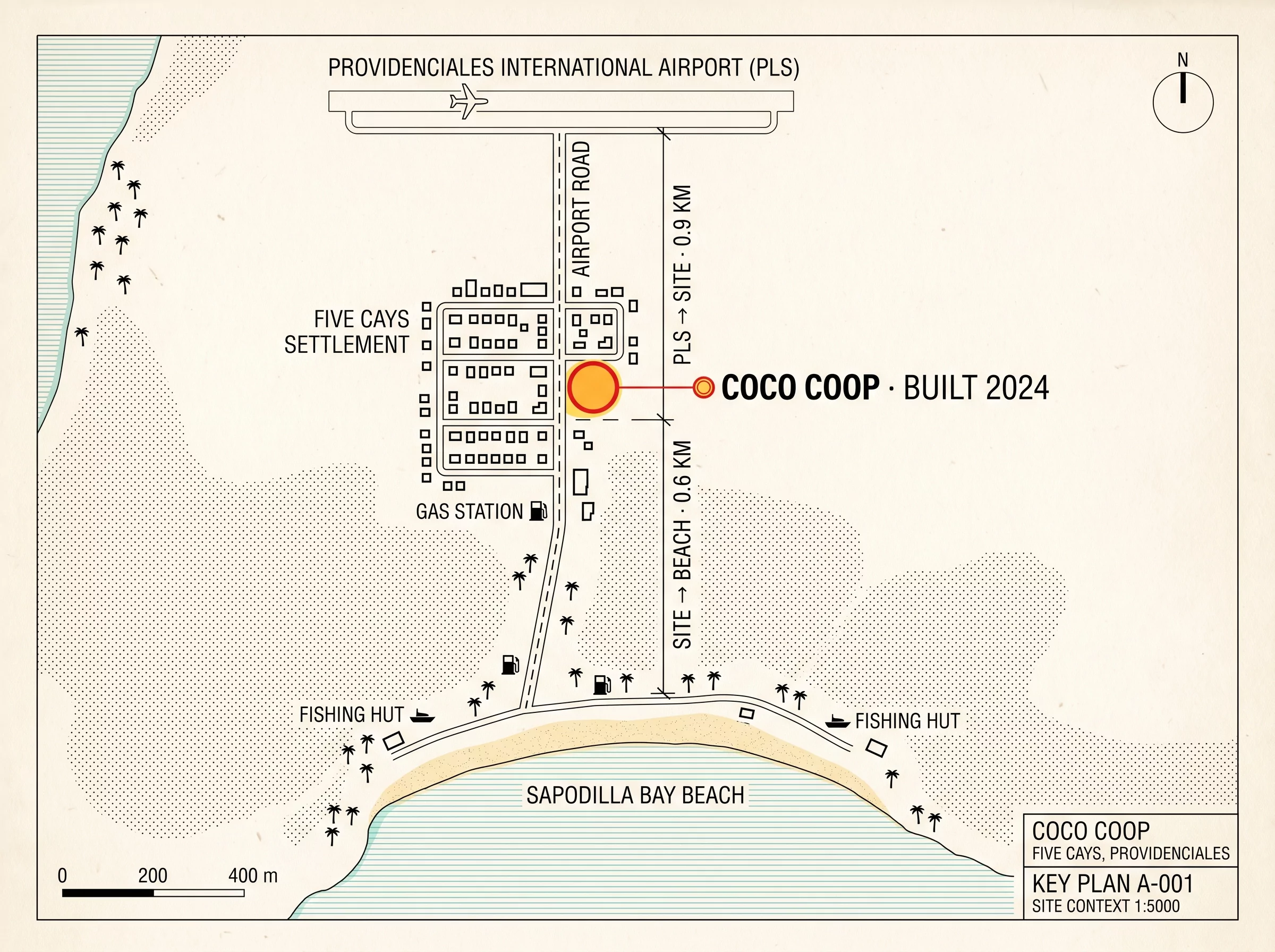 COCO COOP site key plan locating the restaurant between PLS airport and Sapodilla Bay Beach