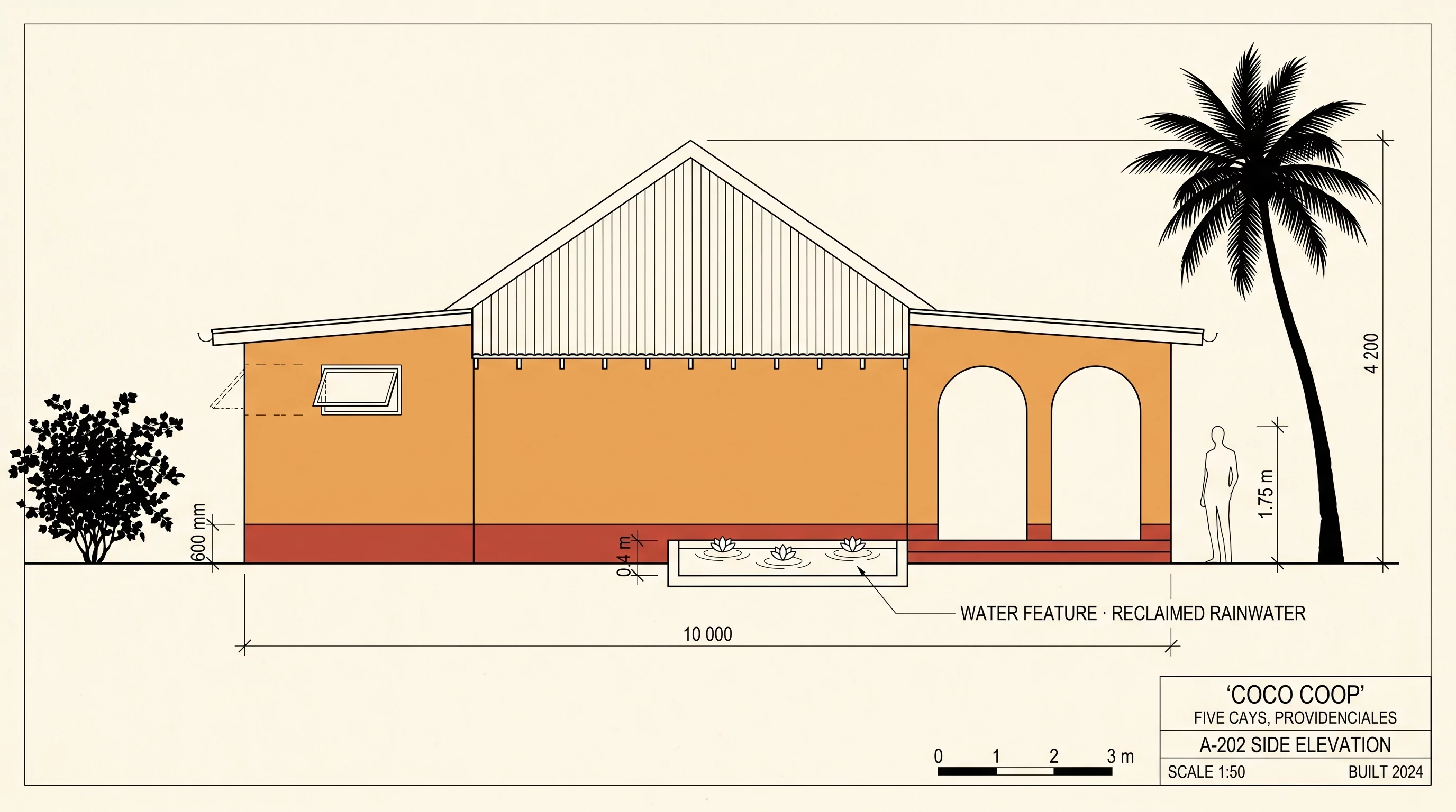 COCO COOP side elevation drawing showing the water feature lily pond beside the porch