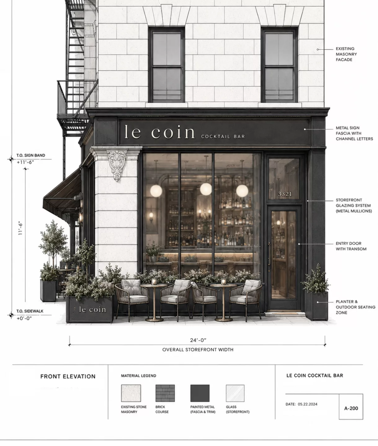 Le Coin Cocktail Bar storefront elevation visualization