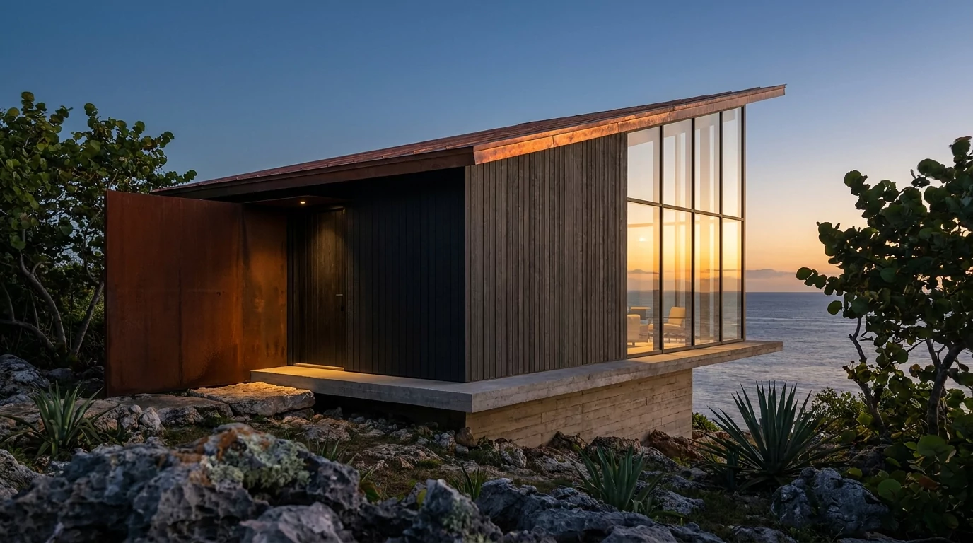 MAREA Micro-House cliffside cabin exterior at golden hour dusk facing the Atlantic Ocean