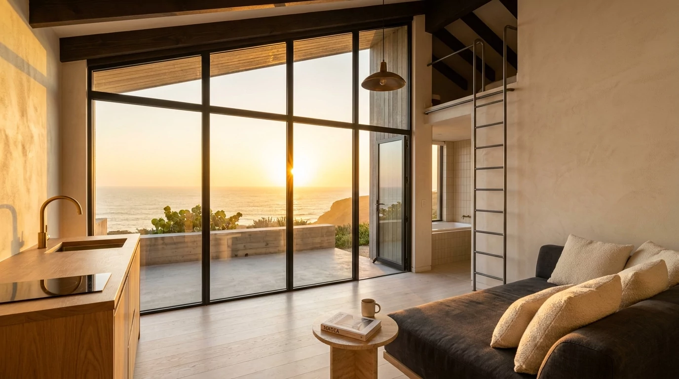 MAREA Micro-House interior at golden hour, oak floor, ocean view through full-height glazing
