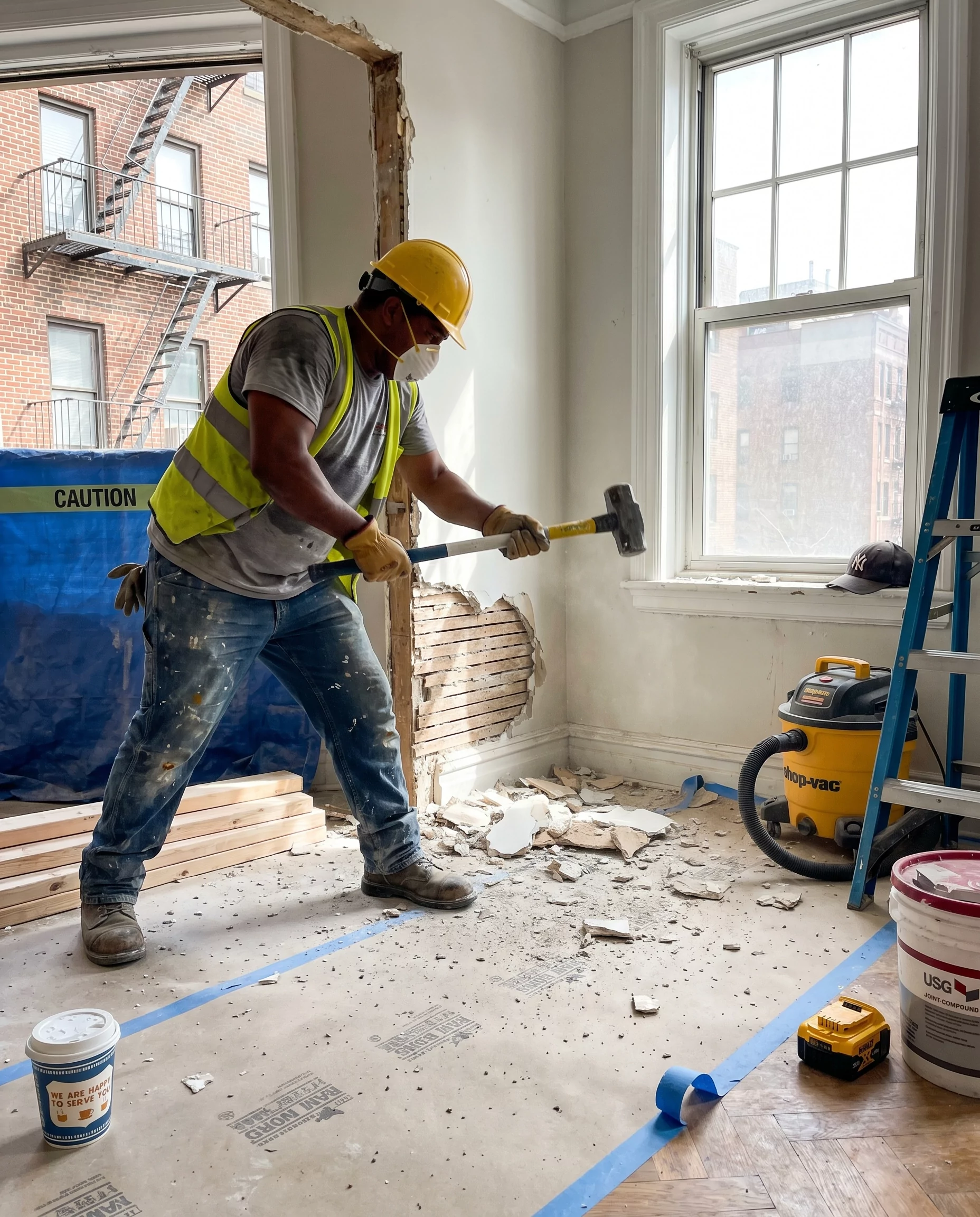 Demolition of a non-load-bearing plaster partition wall in the PINEHURST 8B apartment, worker mid-swing of a sledgehammer