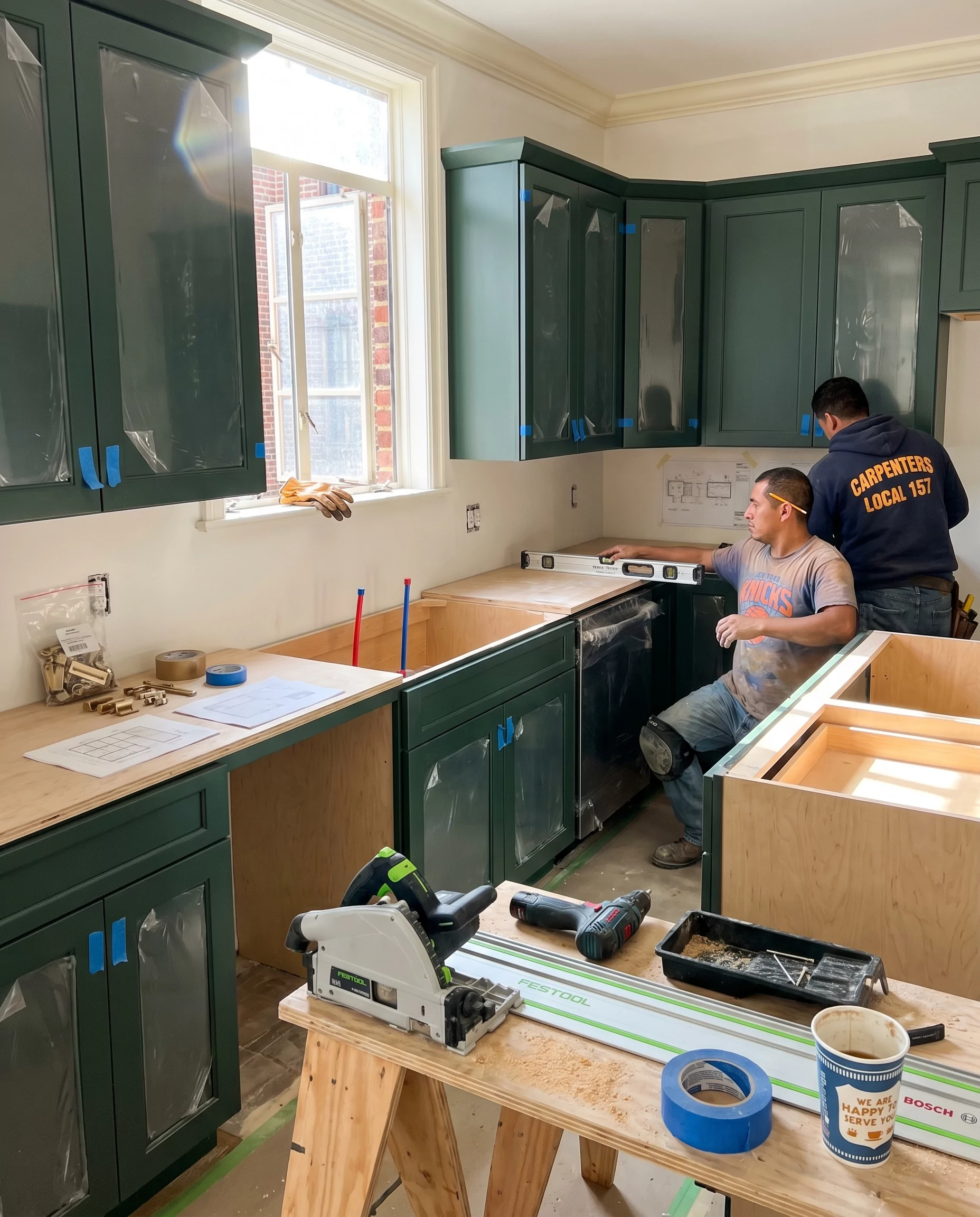Custom forest-green Shaker cabinets installed but without countertops, PINEHURST 8B chef's kitchen