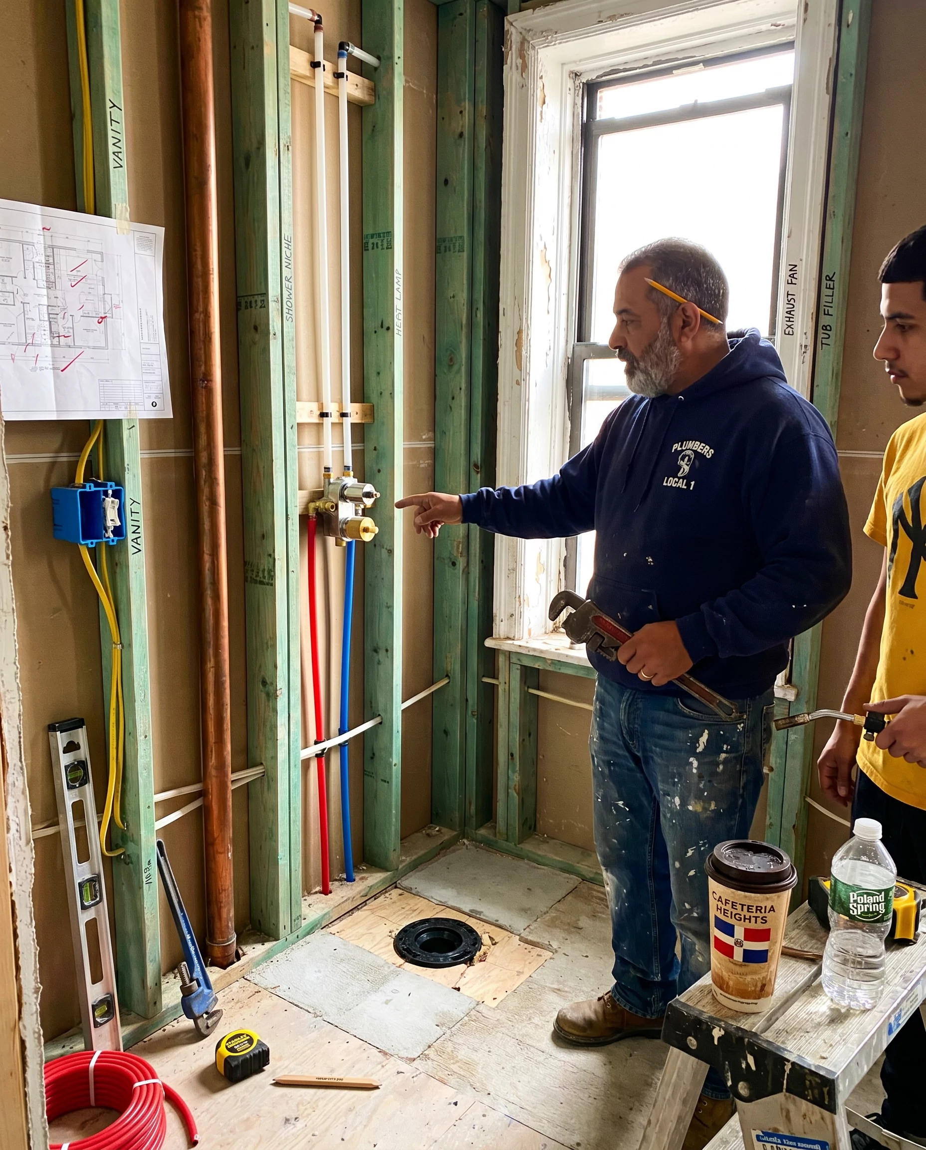 Master bathroom plumbing and electrical rough-in inside PINEHURST 8B, plumber pointing at a shower valve